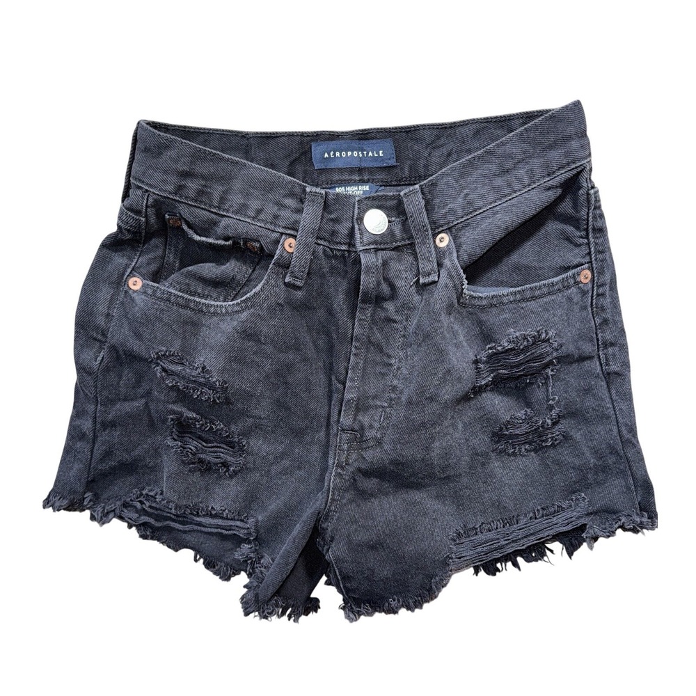 Aeropostale 90s High Rise Cut-Off Distressed Black Denim Shorts Women Button Fly